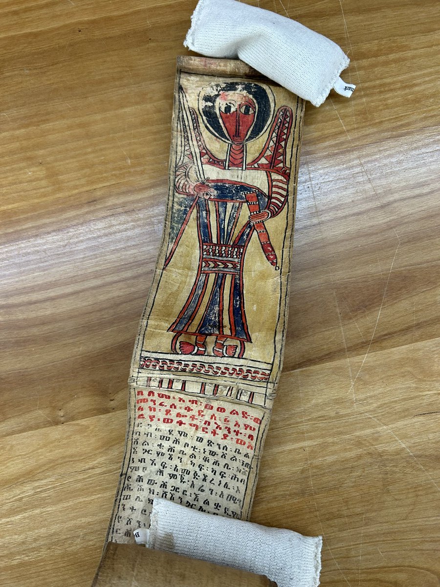 MuhlenbergSpC's tweet photo. We recently received 5 #Ethiopianhealingscrolls of as-yet-undetermined date. They were commissioned for their magical protective powers, written in Geβez. We are learning more about them in preparation for HST128: Medicine&Power in African History #geezlanguage @berghistory https://t.co/ysm5DQ05KD