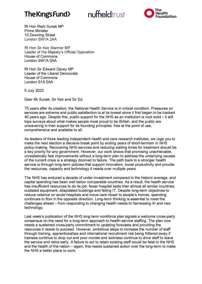 LucyWoodslucy70's tweet photo. As the NHS turns 75, the Chief Executives of The Health Foundation, Nuffield Trust and The King’s Fund have written to the leaders of the three largest political parties in England, calling on them to end  years of short termism in NHS policy-making. https://t.co/bq1OpVEduw