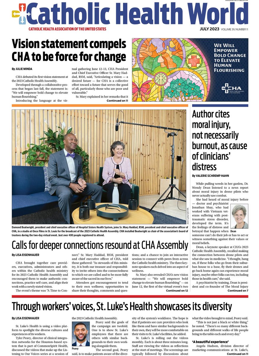 TheCHAUSA's tweet image. Get the latest #CatholicHealth ministry news in the July issue of Catholic Health World! This issue features in-depth coverage of #CHAAssembly2023 with articles on CHA's vision statement, award winners, Tomorrow's Leaders and more. Read the new issue at chausa.org/chw!