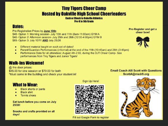 VarsitycheerOHS's tweet photo. There’s still time to register your preschool &amp; elementary school age kids for a Tiny Tigers Cheer Camp! https://t.co/QZX5H2K5O4