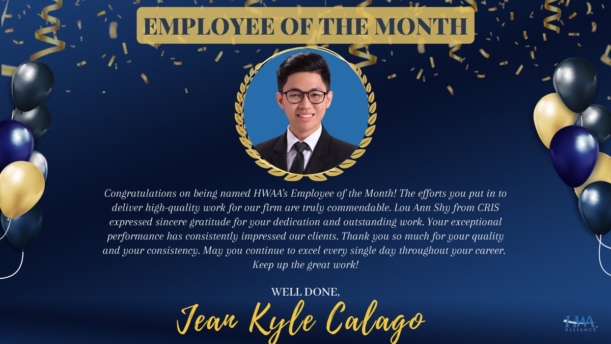 HWAAlliance's tweet photo. Congratulations! EMPLOYEE OF THE MONTH - Jean Kyle Calago https://t.co/pTKHu8631C