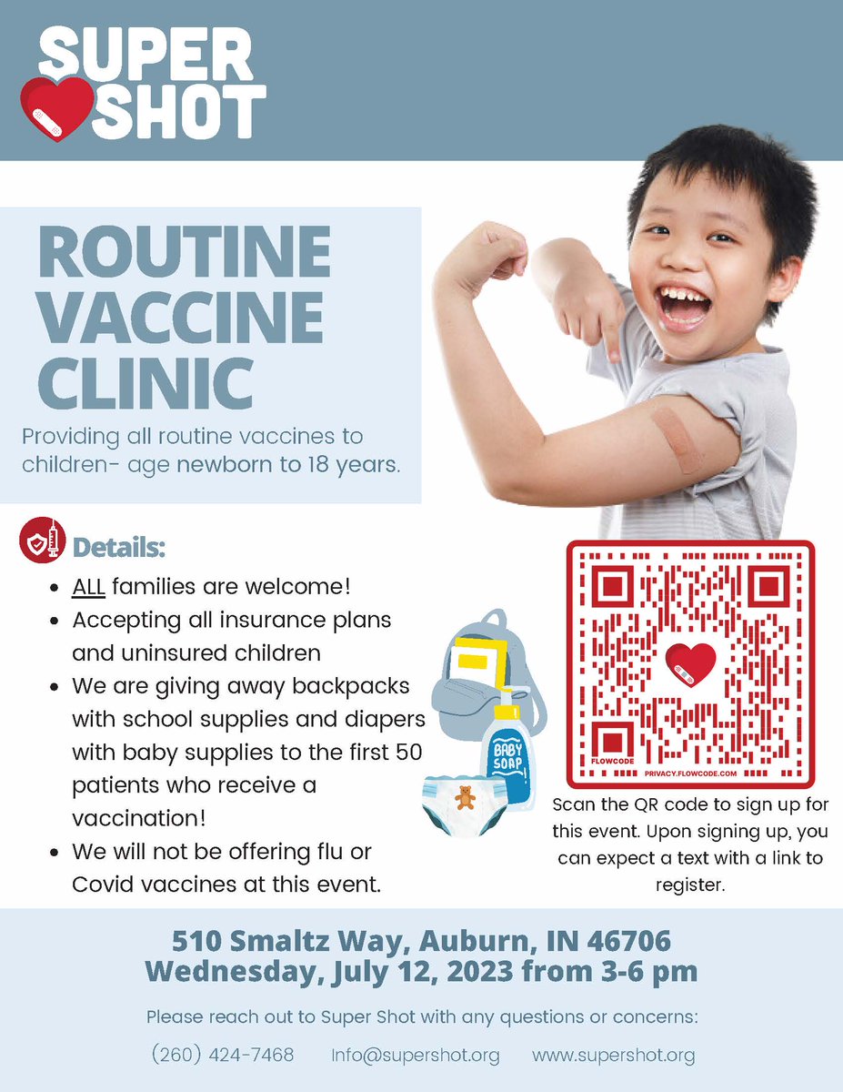 DeKalbDCCUSD's tweet photo. Super Shot will hold a vaccine event on Wednesday, July 12 from 3 - 6pm for children ages 0 – 18 at the Lutheran Health Physicians Auburn office located at 510 Smaltz Way.

Walk-ins are welcome while sign-up is encouraged. Sign-up by going to https://t.co/bEfAYdE9lO. https://t.co/zAXEG2oD7h