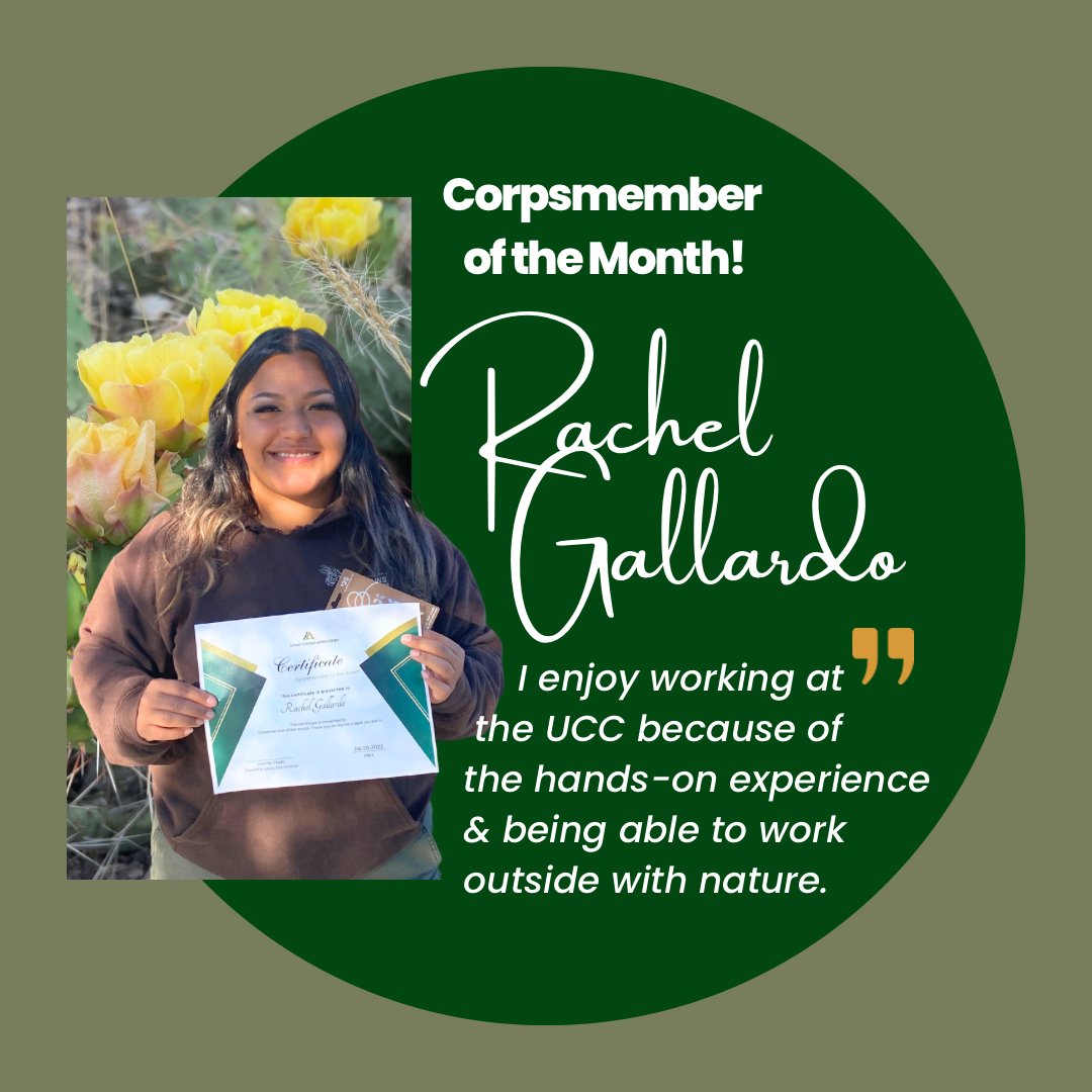 WeLoveStewards's tweet photo. Thank you Rachel Gallardo, #SCMFβs #Corpsmember of the month for June π Rachel is 25, from Thermal California & has been working with the #UCC for 1 year now. Rachel is a pleasure to work alongside, she always shows up with a great attitude!
#UCCSCMF #ServeOutdoors #LocalCorps https://t.co/vJDSJaphPK