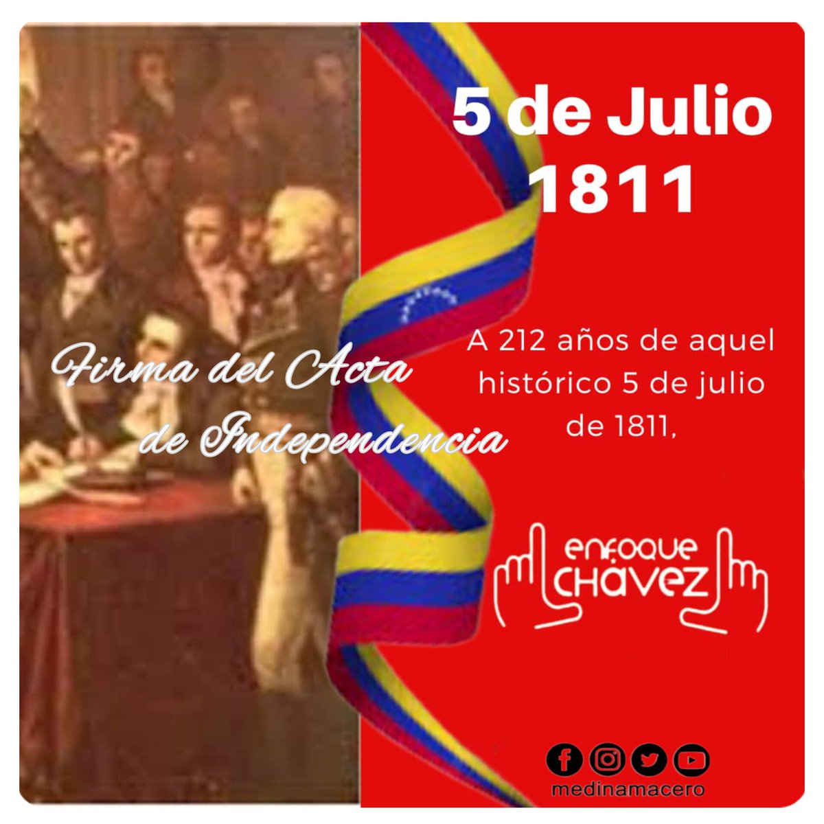 #05Julio Hace 212 años nos declaramos una Patria Independiente, LIBRE Y SOBERANA, libres del horrendo dominio español, digamos con el CMDT CHAVEZ 'Independiente o Nada, Comuna o Nada', puesto q será el Edo. Comunal la concreción perfecta de la innegociable INDEPENDENCIA NACIONAL