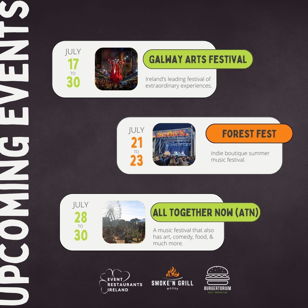 Get ready for an incredible line-up of events this month! We can't wait to see & serve you there! 🎶🍔🎉

➕ Follow us, and be the first to know about our upcoming events.

#GalwayArtsFestival #ForestFest #ATN #AllTogetherNow #EventsIreland #FoodExperience #IggyPop #Lorde