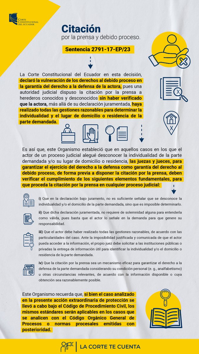 CorteConstEcu's tweet photo. LA CORTE TE CUENTA📢| ¿Sabías qué la citación por la prensa es una medida excepcional que se usa cuando no se ha podido determinar el domicilio o residencia de la parte demandada después de haber realizado todas las gestiones razonables para determinar estos datos? https://t.co/y4ecJGhLXP