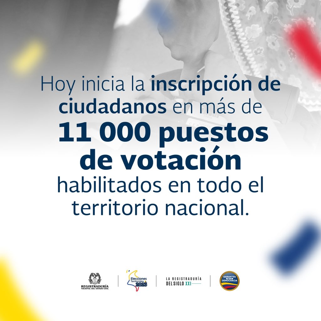 Registraduria's tweet photo. ¡Atención!
 
Hoy inicia la inscripción de ciudadanos en puestos de votación. ¡Recuerda! Hemos habilitado más de 11 000 puestos de votación en todo el país y estarán disponibles hasta el próximo 13 de julio, de 9:00 a. m. a 5:00 p. m. 

No pierdas la oportunidad de contribuir a un mejor futuro para Colombia. 

Conoce el listado de los puestos ingresando a ➡️ https://t.co/7RAHvKtgL9

¡Tu voto cuenta!

#ElPoderDelVoto