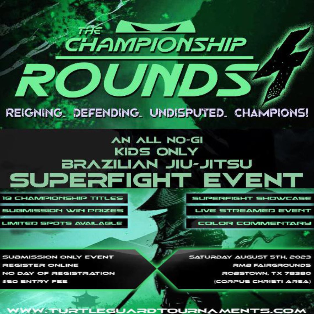 RMBRFairgrounds's tweet image. Turtle Guard Championship Rounds Brazilian Jiu-Jitsu Superfight Event

Witness these amazing kids enter the mat to showcase their Jiu-Jitsu skills! 🥋

📍RMB Fairgrounds Ex Hall A
🗓️Aug. 5th
#rmbfairgrounds #turtleguard #jiujitsu #superfight #kidsonly #coastalbend