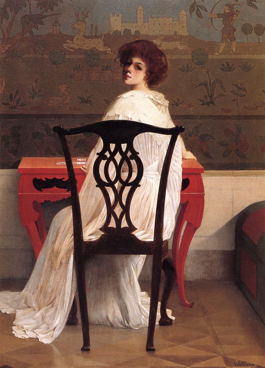 Solitaire (c. 1900) by Harry Willson Watrous (American artist, 1857–1940). I'm getting table envy.