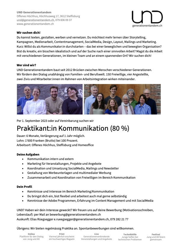 Wir haben da bei UND Generationentandem ein Praktikum ausgeschrieben:
Möchtest du in unserer beweglichen, bewegten und bewegenden Organisation mitmachen und Erfahrung in der Kommunikation sammeln?
Wir freuen uns auf Bewerbungen!
Und: Gerne weitersagen!

cdn-und.s3.eu-central-1.amazonaws.com/images/2023/06…