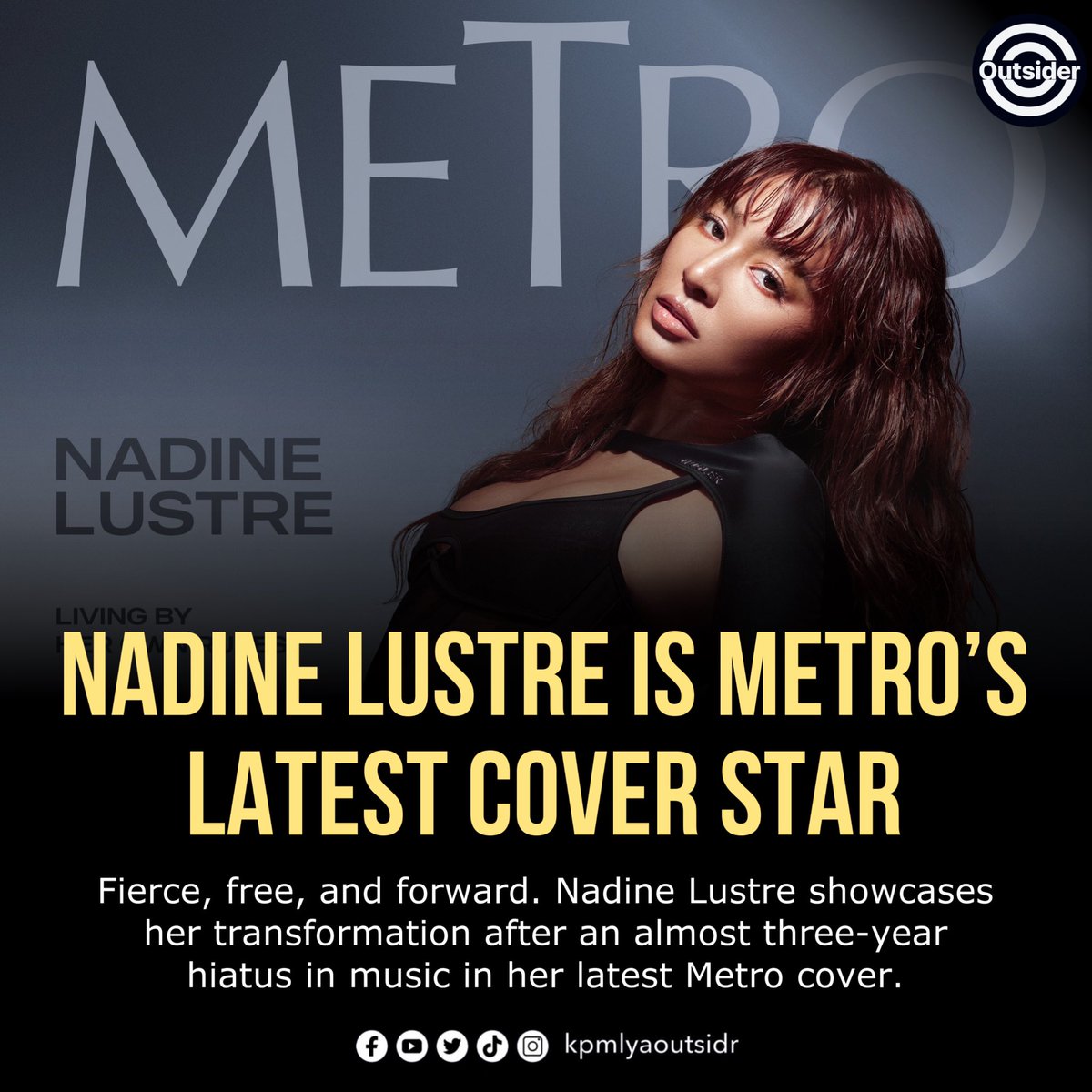 kpmlyaoutsidr's tweet photo. NADINE IS METRO’S LATEST COVER STAR
 
Fierce, free, and forward. Nadine Lustre showcases her transformation after an almost three-year hiatus in music in her latest Metro cover.

The singer-actress dished about the things she is currently passionate about, her new YouTube channel, and her life in Siargao in the exclusive https://t.co/nMMqYh2vSQ cover story titled “Nadine Lustre is Living By Her Own Rules.”
 
“When I started living in Siargao, that’s when I discovered a slower life. Kasi here in Manila, parang lagari. Even if I’m not working, I think it’s just the energy of the workplace,” disclosed Nadine about her big move to the country’s surfing capital, a move that changed her perspective on life.
 
Dubbed as the new “Horror Queen” of Philippine cinema, Nadine also revealed to Metro that horror is actually her cup of tea.
 
“Ever since I was young, even though I was always scared of ghosts, horror has always been my favorite genre,” she said.
 
The versatile talent who just introduced her latest single “Overgrown” likewise talked about her YouTube channel that she launched early this year. “What I wanted to do with it is to kind of let people into my life a bit more.”
 
Get to know more about what Nadine’s been up to and what inspires her these days on Metro. For more exclusive articles, follow @metrodotstyle on Facebook, Twitter, Instagram, and TikTok as well as Metro Magazine @metromagph on Instagram and Twitter and @Metro.Magazine on Facebook, or visit https://t.co/nMMqYh2vSQ.

#MetroLovesNadine #UnapologeticallyNadine