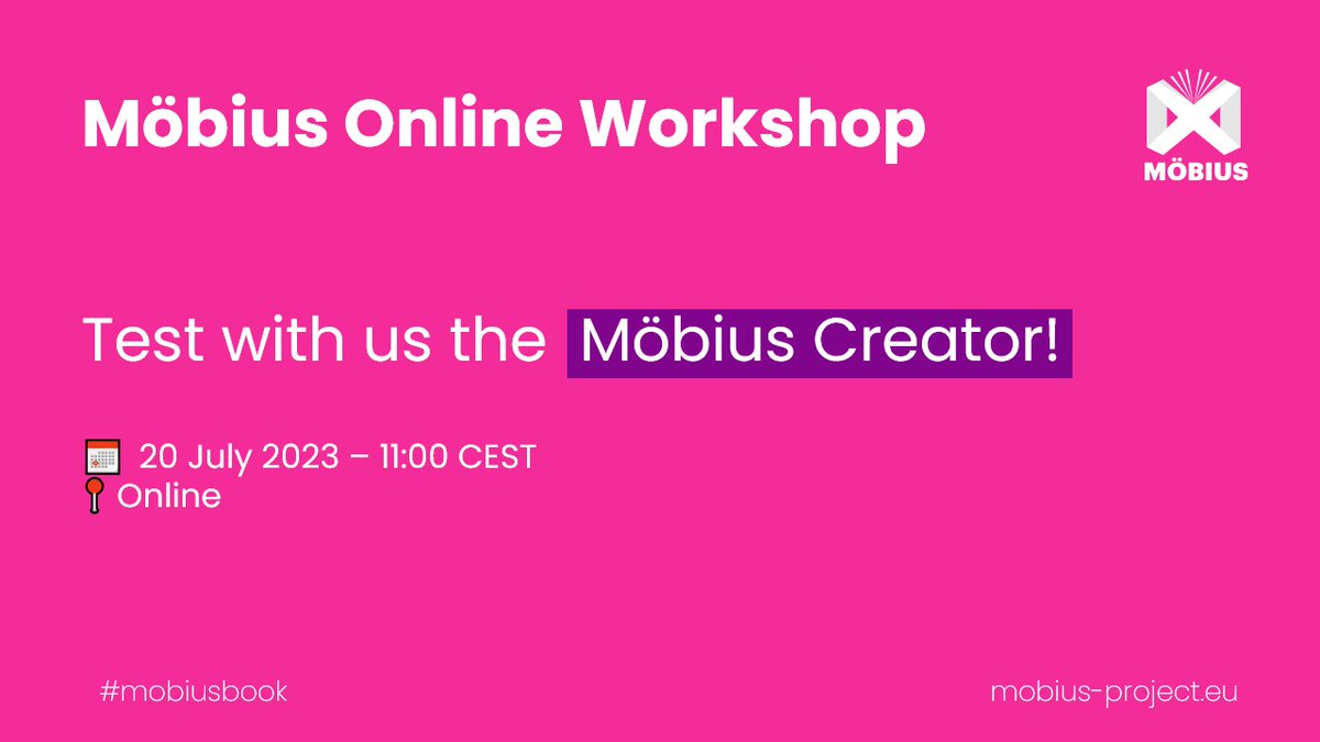 mobius_europe's tweet photo. ๐กEver heard about #MรถbiusCreator?
๐ฒJoin the online workshop "Test with us the Mรถbius Creator I" on 20.07 at 11:00h CEST!
Youโll discover a web app that allows authors to transform their stories into immersive experiences with a digital approach
๐https://t.co/CyCK3myDls https://t.co/u5oLLLwnlT