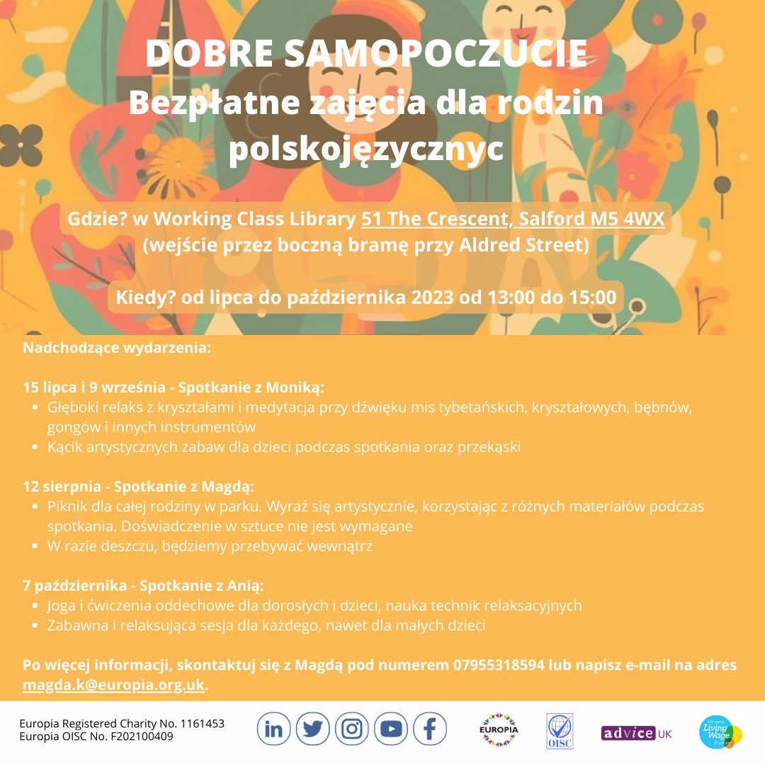 🌟 Join us for FREE sessions focused on the whole family's well-being! 🌼

For more information,  contact Magda at 07955318594 or email magda.k@europia.org.uk.

Don't miss out on these opportunities to improve your family's well-being!
