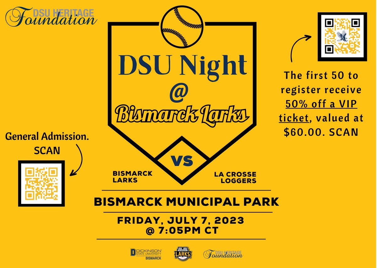 ALUMNI + FRIENDS in the Bismarck/Mandan area - THIS ONE'S FOR YOU!⚾💙🎆

This Friday is <a href="/dickinsonstate/">Dickinson State University</a> Night at the <a href="/bismarcklarks/">Bismarck Larks</a>! The first 50 to register will receive 50% off a VIP TICKET valued at $60.00.

VIP: dsualum.org/e/2023-dsu-nig…

#HawksAreUp #DSUNightAtBizLarks23