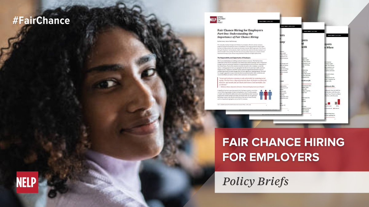 NelpNews's tweet photo. 🧵NELP just released 2 more #fairchance employer policy briefs! In our most detailed guidance to date, this series walks employers through the steps to fair chance hiring policies that welcome #workers w/records &amp; enhance racial equity in the workplace. https://t.co/eoDMrgiWgq https://t.co/D0rU0BaUBV