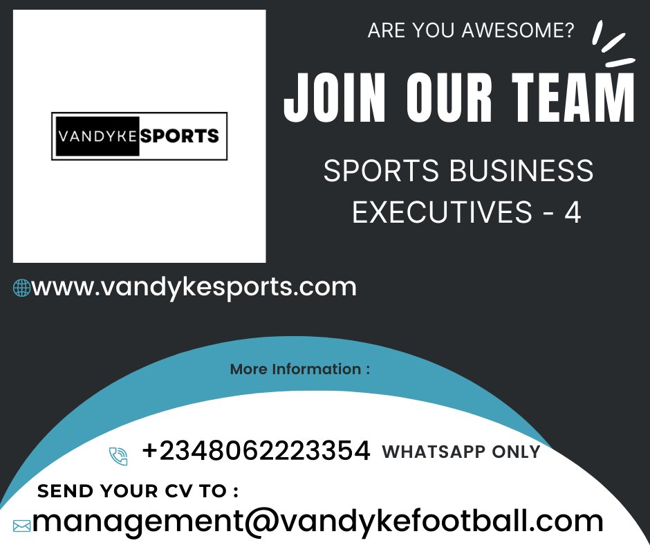 VandykeSports's tweet photo. VACANCY: Do You want to work in the Nigerian &amp; African sports industry?

Do you want to work with some of the best Sports Technology &amp; Development Companies? 

Apply for one of our 4 Sports Business Executive positions @VandykeSports at our Sports Innovation Hub, Port Harcourt https://t.co/nvziz8RUDX