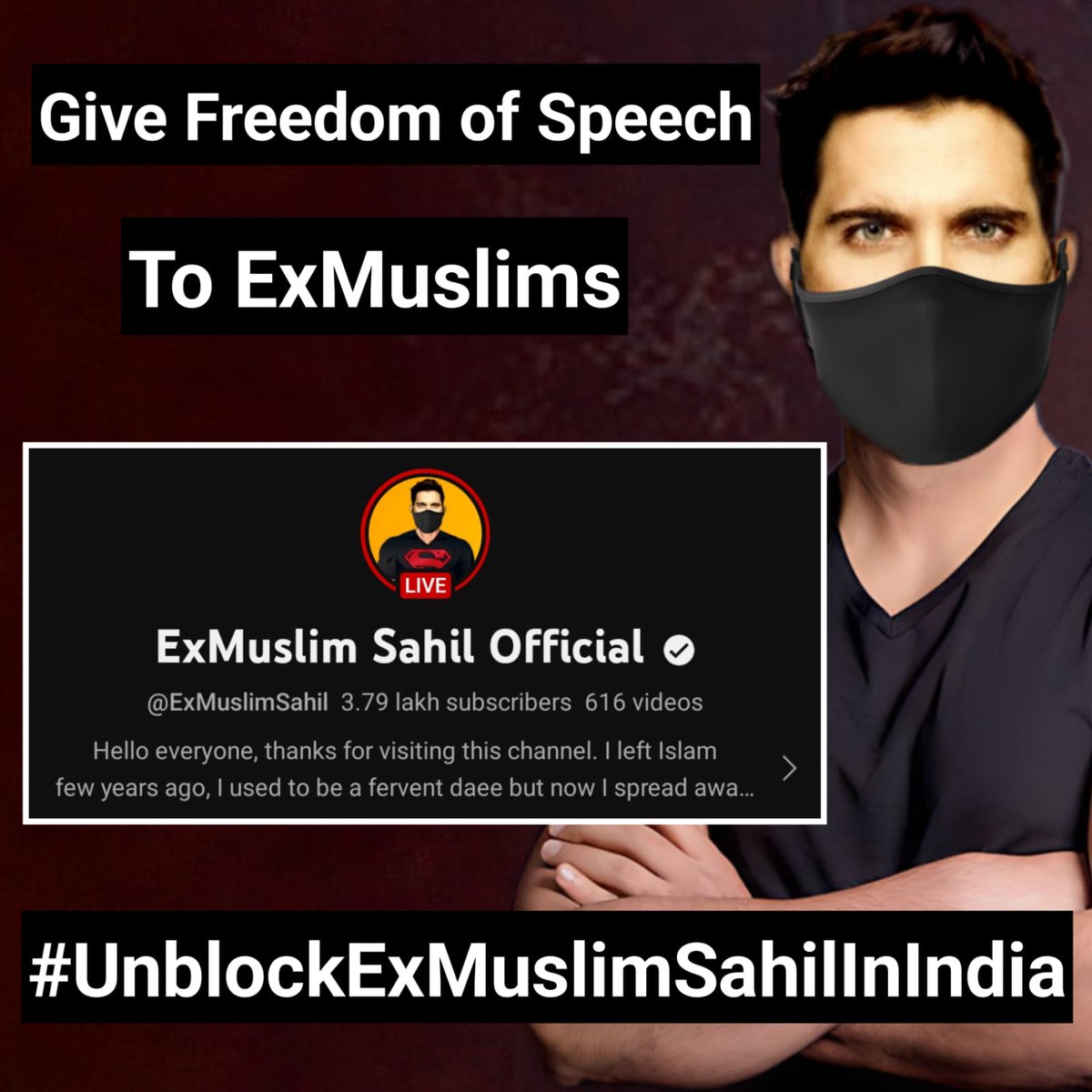 NationalistSam's tweet photo. No freedom of speech and expression- There will not be any activism. Democracy can't survive without this. Protect freedom of speech &amp; expression. 🙏🇮🇳
#UnblockExMuslimSahilInIndia
@PMOIndia   @YouTubeIndia @MIB_India @ExmuslimSahil  @ianuragthakur  @AmitShah
@ExmuslimSahil https://t.co/gpjbjTTSQb