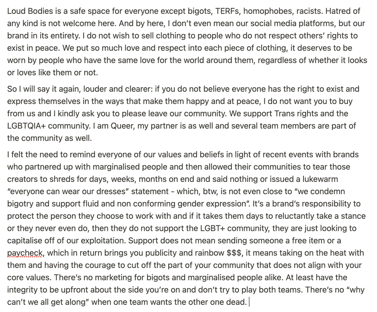 LOUDBODIES's tweet photo. Partnering up with marginalised people for ads but not standing by them and shutting down bigots and their vitriol is not supporting the LGBTQIA+ community, it’s capitalising off of their exploitation and wilfully putting  people in harm’s way https://t.co/vmKNRJ2HTf