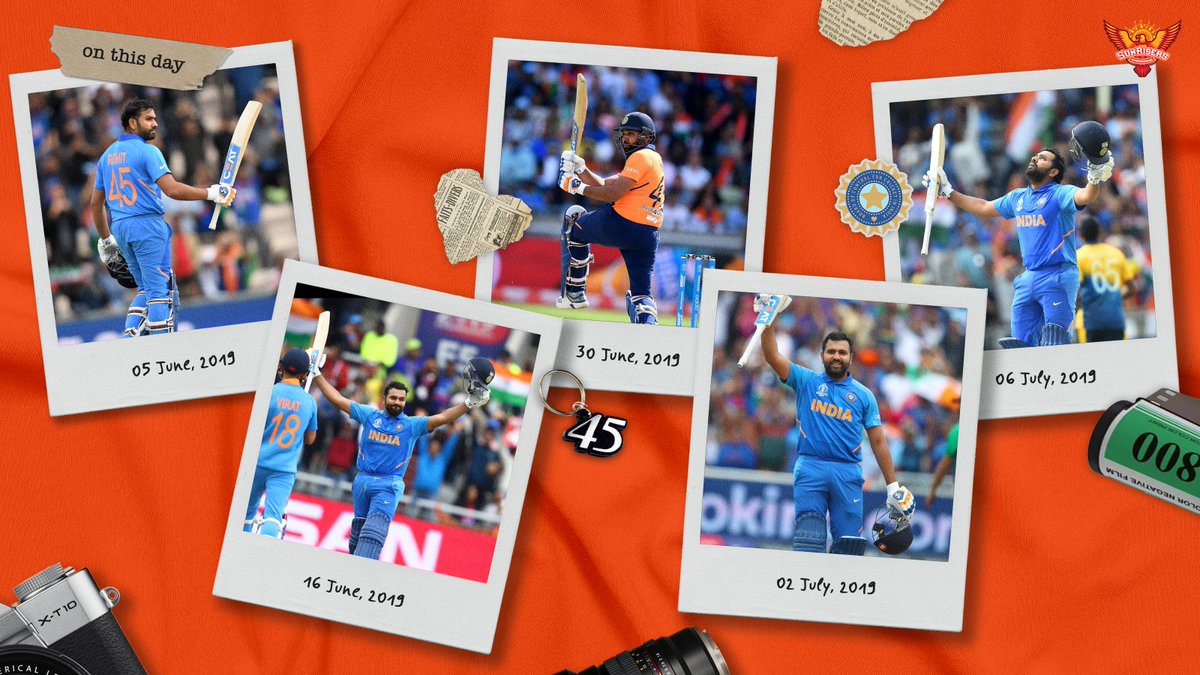 SunRisers's tweet photo. An iconic quintuple from our iconic #45 💥

#OTD in 2019, @ImRo45 became the only man with 5️⃣ centuries in a single edition of the #CWC 🤩 https://t.co/c603BnXGbW