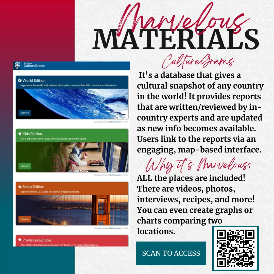 July's Marvelous Material is ✨ CultureGrams ✨!! Get a glimpse into any country, state, or province culture written by locals! Watch an interview or try a recipe from a country of your choice! 🌎