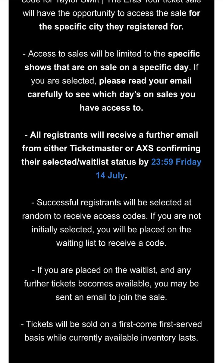 Jessoper's tweet image. Anyone else just got the AEG email? 14th July?!?! 😩 

Guessing now they’ve added more dates they’re recalculating 

#erastouruk #TaylorSwiftErasTour #Ticketmaster