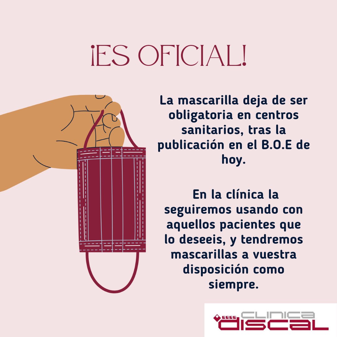 ‼️ Tras varios años usando mascarilla, ha llegado el momento de retirarla también en centros sanitarios.
➡️ Seguiremos usándola con aquellos pacientes que nos lo pidáis, y como hemos hecho durante todo este tiempo, tendremos mascarillas a vuestra disposición en la clínica.