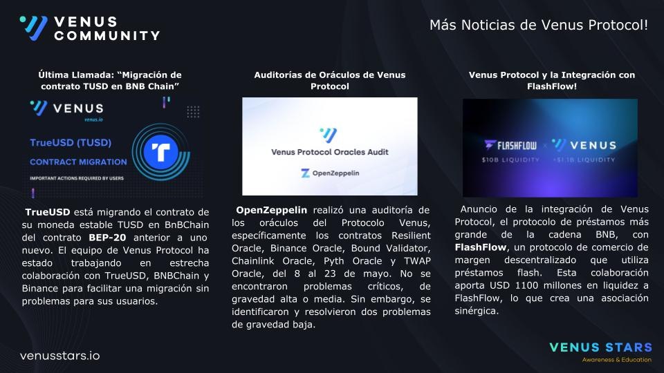 En cuanto a novedades 🤩

🔹Activamos nuevo contrato BEP-20 en #Tusd en colaboración con #bnbchain y <a href="/binance/">Binance</a>.

🔹<a href="/OpenZeppelin/">OpenZeppelin</a> ejecutó satisfactoriamente auditorías a nuestros Oráculos ✅

🔹Anunciamos nueva integración con <a href="/flashfloworg/">FlashFlow.org Protocol</a> para los servicios de préstamos flash ⚡
