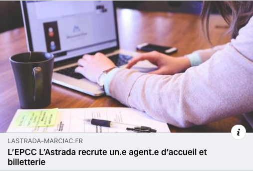 L'Astrada Marciac (@lastradamarciac) on Twitter photo 📌L’EPCC L’Astrada #recrute un.e agent.e d’accueil et billetterie • #CDI de 24 heures
→ Candidature à adresser avant le 23 juillet 2023 sur recrutement@lastrada-marciac.fr
→ Entretiens prévus le 26 juillet
→ Prise de poste : sept 2023.
👉lastrada-marciac.fr/actualite/l-ep… 📌L’EPCC L’Astrada #recrute un.e agent.e d’accueil et billetterie • #CDI de 24 heures
→ Candidature à adresser avant le 23 juillet 2023 sur recrutement@lastrada-marciac.fr
→ Entretiens prévus le 26 juillet
→ Prise de poste : sept 2023.
👉lastrada-marciac.fr/actualite/l-ep…
