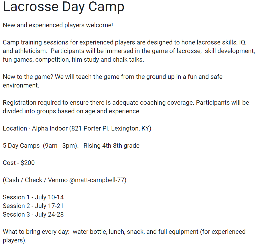 Lacrosse day camps (4th-8th)
docs.google.com/forms/d/e/1FAI… <a href="/KYLaxNews/">Kentucky Lacrosse News</a>