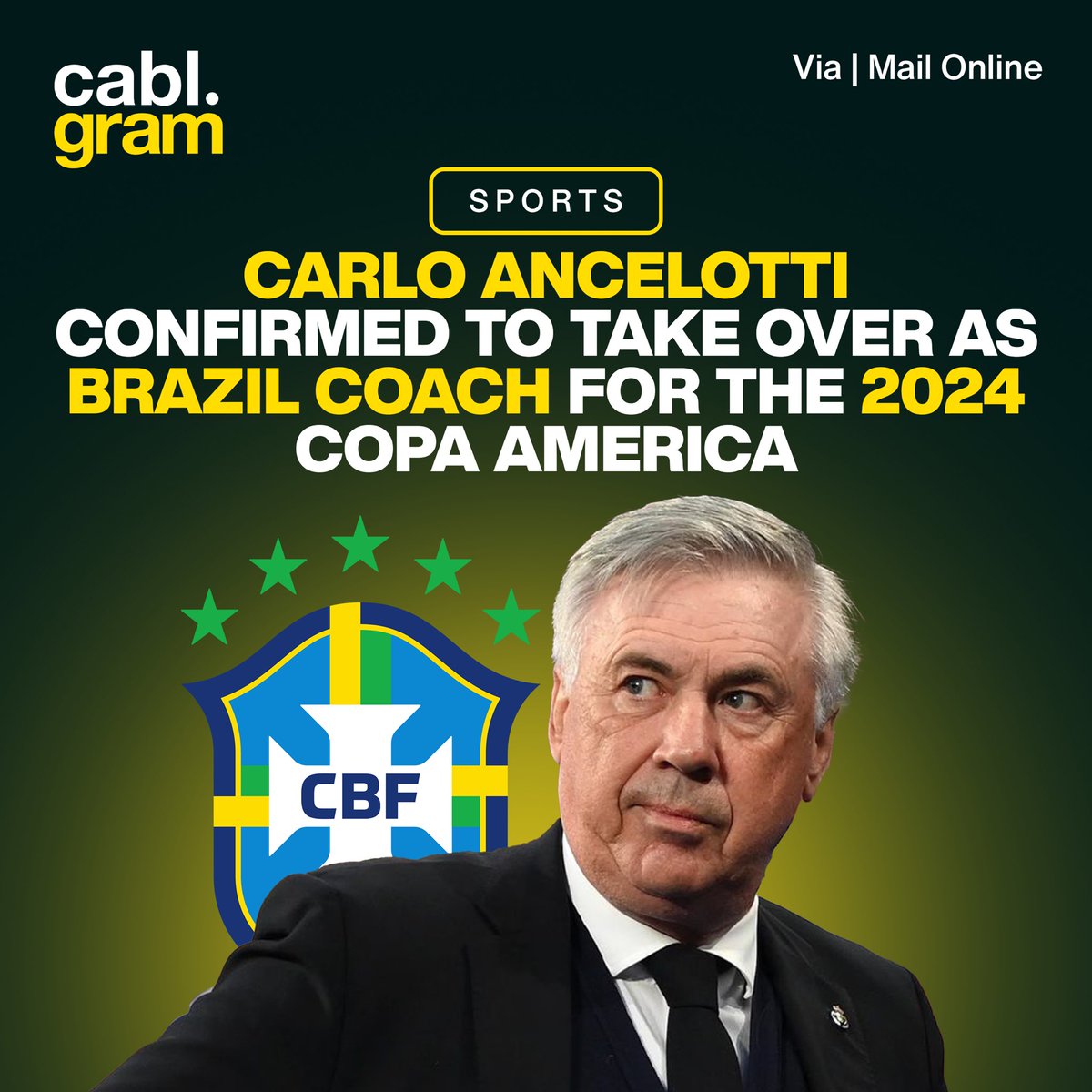 cablgram's tweet photo. ⚽️ CBF President Ednaldo Rodrigues has officially announced that Real Madrid manager Carlo Ancelotti will take over as Brazil's coach for the Copa America in the United States next summer. https://t.co/s2wEtNUD6w