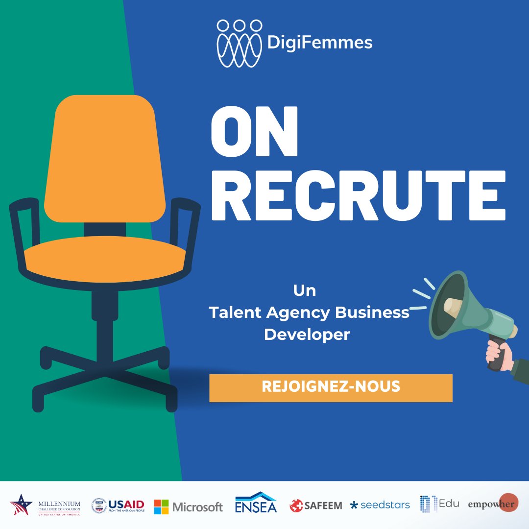 DigiFemmes's tweet image. Nous recrutons un TALENT AGENCY BUSINESS DEVELOPER pour rejoindre notre équipe DigiFemmes.  
Si vous vous sentez prêt(e) à relever ce défi incroyable, soumettez votre candidature dès maintenant ici 👉seedsta.rs/3NYh5JQ ! 
#offredemploi #job #digifemmes #partenariats