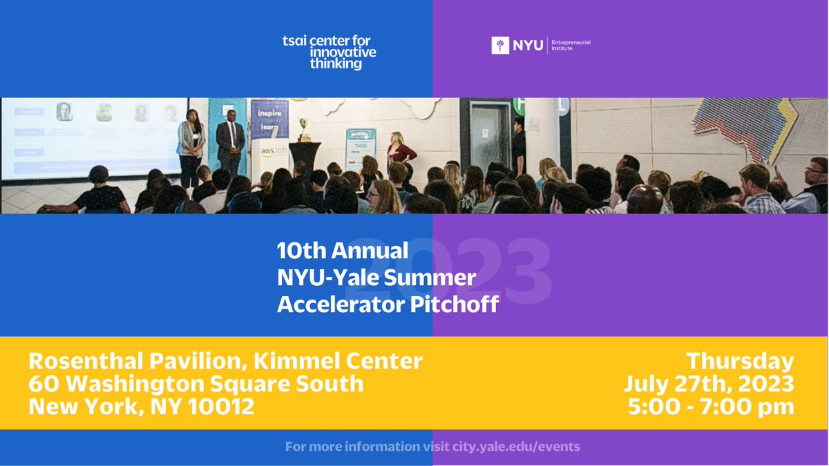 TsaiCITY's tweet photo. It's getting closer to #PitchOff time! 🎉 Join us at the 10th NYU-Yale Pitchoff on July 27th. Let's cheer on our teams and see who takes home the win! Are you ready to see #YaleInnovation in action? RSVP https://t.co/UBjgikZw3g #NYUYalePitchoff #Summerfellowship #entrepreneur https://t.co/2Qw5eDNoOp