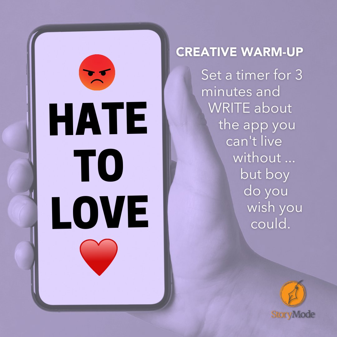 instorymode's tweet photo. Thumb through your apps and stop when you go, "ugh." Set a timer for 3 minutes and WRITE about the app you'd delete ... but it's so useful. Then join our circle and talk about it. @bethnyland @jill_pollack #RefuseToBeBoring #GetInStoryMode #creativewarmup https://t.co/U11Lo6EcCc https://t.co/tnngNlXdnA