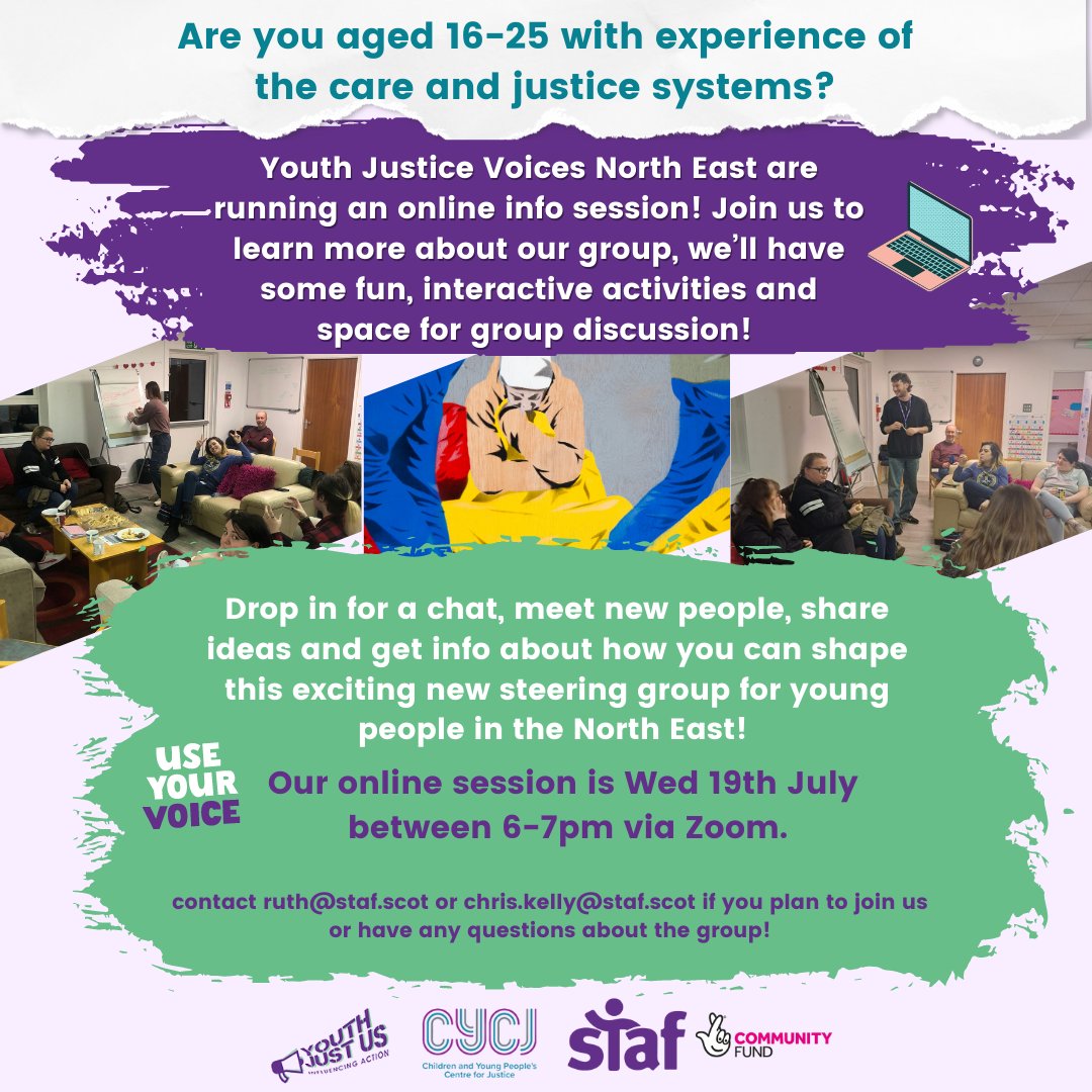 📢Calling all care and justice experienced young people in the North East of 🏴󠁧󠁢󠁳󠁣󠁴󠁿!
💻Join us on Wed 19 Jul for our Youth Justice Voices North East online session where you can learn more about the group, have fun and share ideas.
📧Contact chris.kelly@staf.scot for joining info