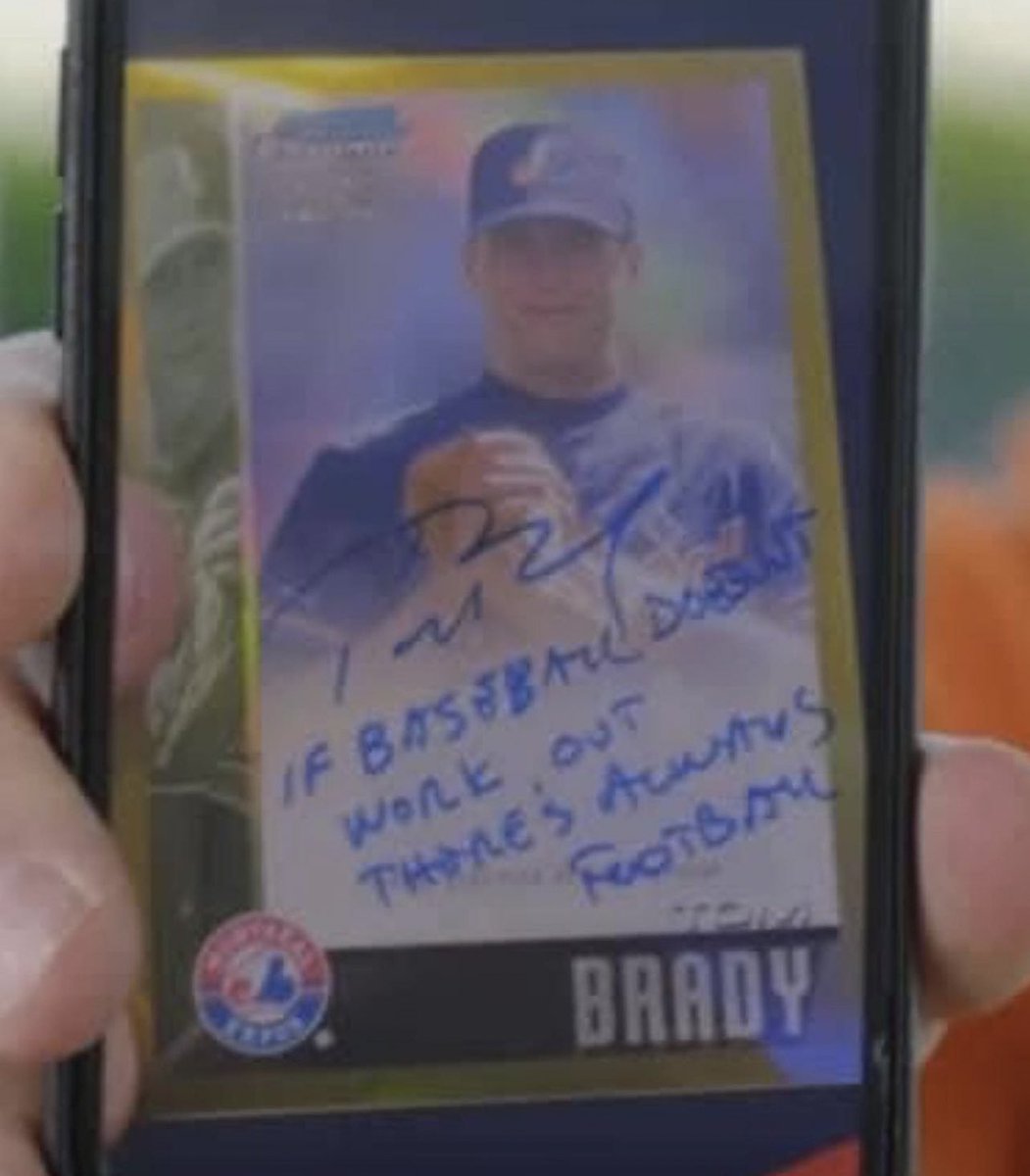 gurucollects's tweet photo. ⚾️🚨 BREAKING NEWS 🚨⚾️

Tom Brady, who was drafted by the Montreal Expos in 1995, will have a card in this year’s Bowman Draft baseball set…

Here’s an alleged leaked photo of the autograph card…and it features an inscription “if baseball doesn’t work out, there’s always football”.

This card is going to be worth a TON! 🤯

📸: LoveOfTheHobby IG
