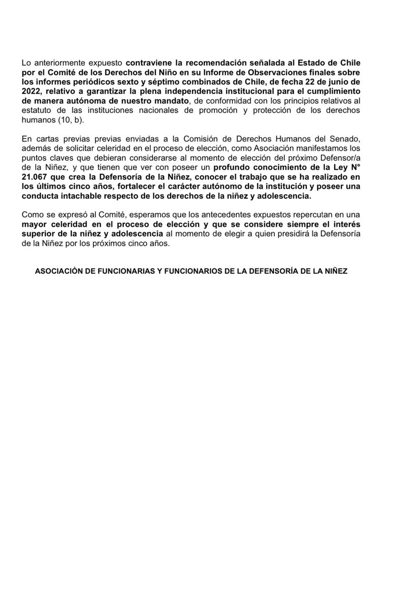 ‼️ATENCIÓN

Como Asociación de Funcionaries <a href="/defensorianinez/">Defensoría de la Niñez</a> recurrimos hoy al Comité de los Derechos del Niño manifestando preocupación por excesivo retraso en nombramiento de próximo Defensor/a y por criterios políticos partidistas que estarían primando en la designación.