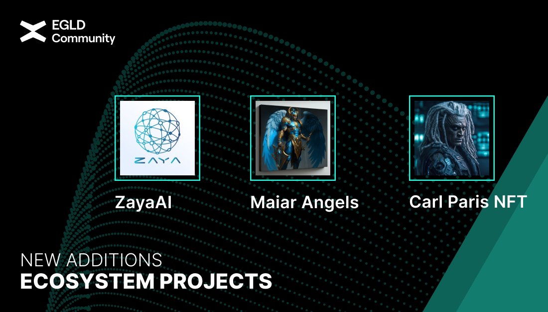 Check out the new projects we've added to our #MultiversX 'Ecosystem' (egld.community/ecosystem/):

ZayaAI - egld.community/projects/zayaai
Maiar Angels - egld.community/projects/canva…
Carl Paris NFT - egld.community/projects/carl-…

➡️ Want to suggest one?
egld.community/suggest-projec…