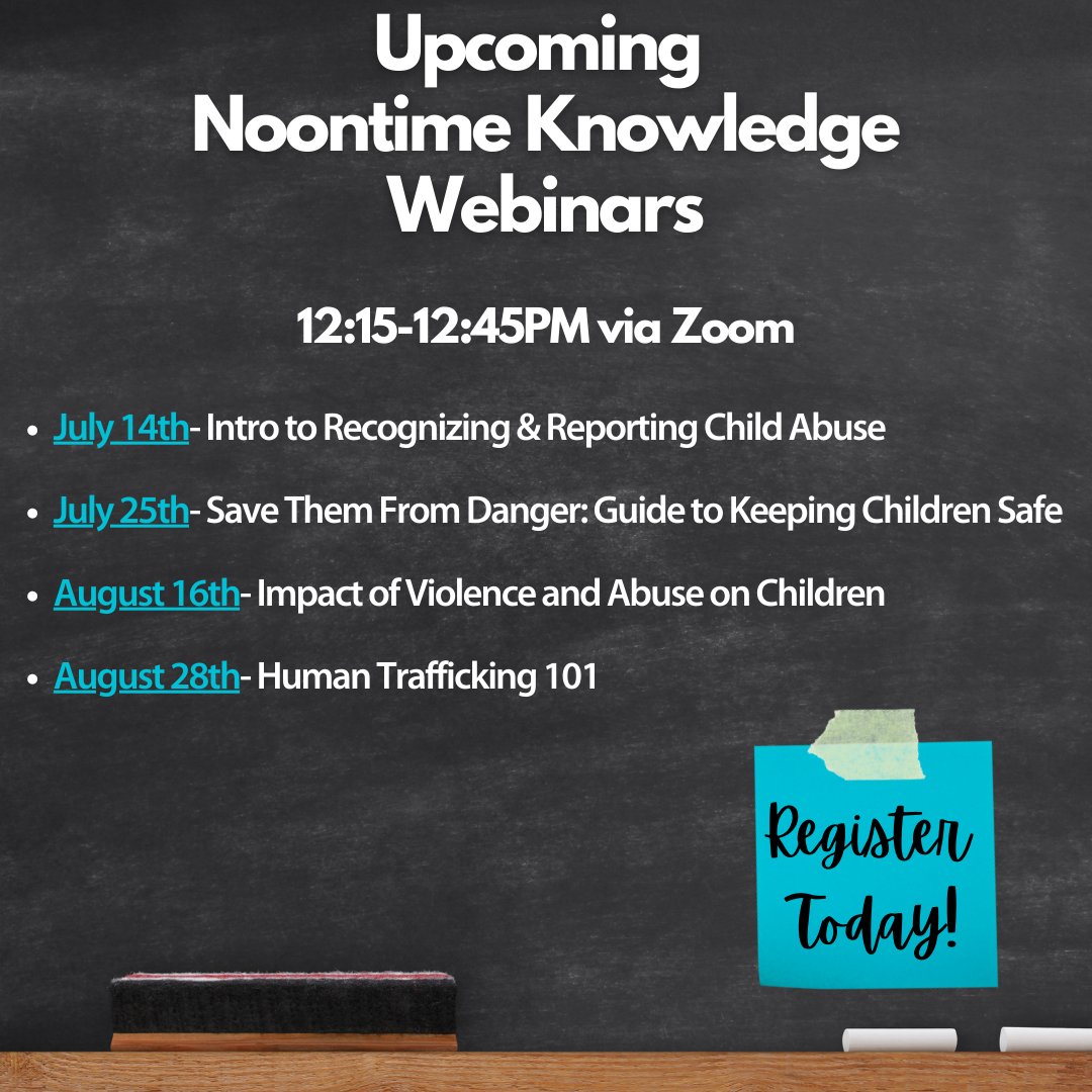 Updated link to register for summer Noontime Knowledge webinars! Use the link below to register for one or all upcoming webinars. All are free of charge! 
forms.gle/MKv1hBw5rQdNmz…
#preventchildabuse #stopchildabuse #keepourchildrensafe