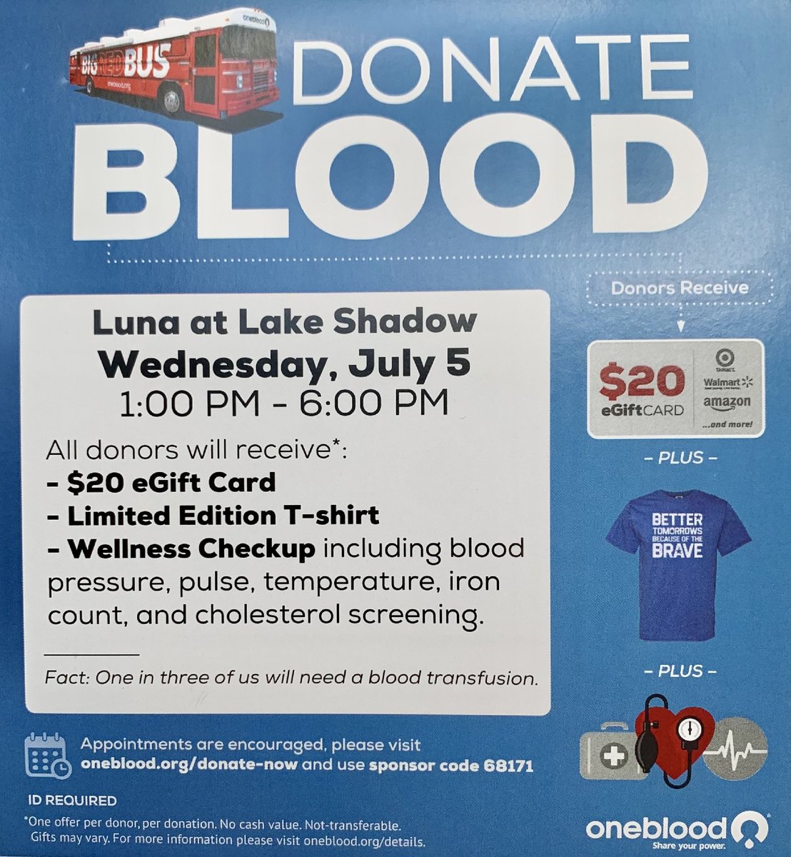 Better Tomorrows Because of the Brave OneBlood Drive TODAY from 1pm - 6pm 🩸 🚌 💉
All donors receive a $20 egift card, 👕, and wellness check-up!

#donateblood #donate #give #blood #cushwake #cushwakeliving #residents #residentsgiveback #oneblood #blooddrive #bigredbus...