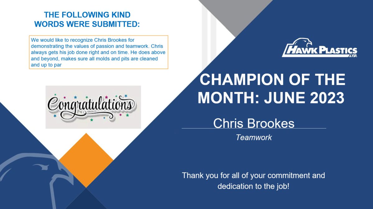 HawkPlastics's tweet photo. Congratulations to our June champion- Chris Brookes
#HawkPlastics #Hawk #PlasticsManufacturing #Windsor #WindsorOntario #LocalEmployer #LocalEconomy #SupplyChain #AutoSupplier #YQG #BuildingTomorrow #Manufacturing #People #MadeInOntario #CanadianMade #Quality #EmployingCanadians https://t.co/toU9naGTvR
