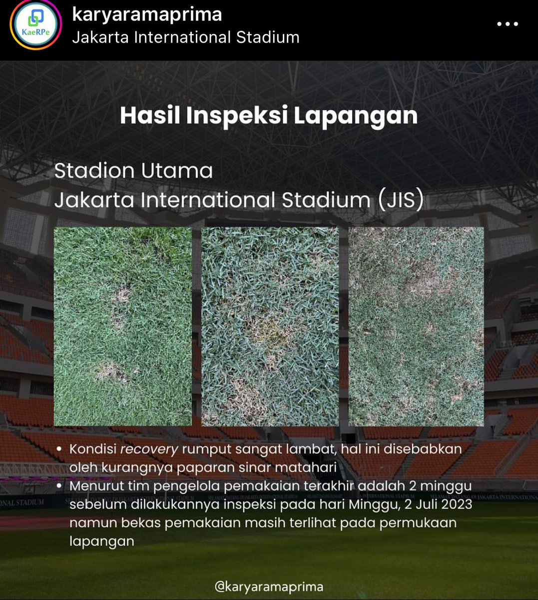 aewin86's tweet photo. Hasil Evaluasi Rumput Stadion JIS dilakukan selama 3 kali
- dgn JIS
- Lestarindo
- terakhir baru dgn PUPR dan PSSI

Jadi bu @tatakujiyati kosongkan gelas dulu ya. https://t.co/eIOh3lDQ0P