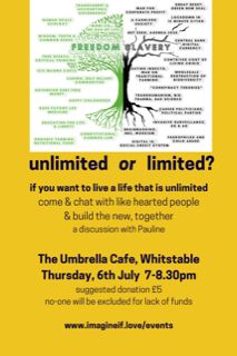 Unlimited or Limited? A discussion with Pauline. 6th July 7-8:30pm in the Cafeteria 🗣

umbrellacentre.co.uk/event/unlimite…

#Whitstabletogether