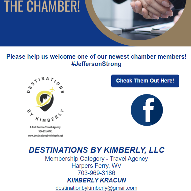 WVJCChamber's tweet photo. Welcome to our newest member, Kimberly Kracun with Destinations By Kimberly, LLC.
@DestinationsByKimberlyLLC
https://t.co/PC1RqSqDJt https://t.co/vRkK4LSZmx