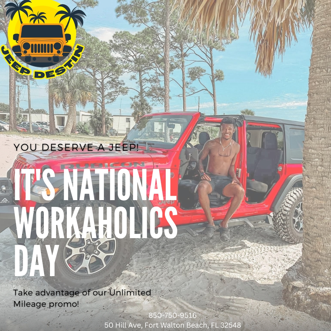 #NationalWorkaholicsDay calls for a well-deserved break!⚠️   Step away from the desk and into a world of excitement with Jeep Destin. 🌊🏜️ #JeepRental #JeepDestin #UnlimitedMileage #Destin #30a #Pensacola #Fortwalton #CrabIsland #Destin

📞 850-754-9656