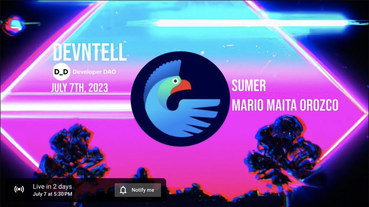 Hey Sumerians! ✌️

This Friday 7th of July Sumer will be live on <a href="/developer_dao/">Developer DAO (🧱, 🚀)</a>  youtube channel presenting our first public live demo!

Livestream will start at 5:30PM CET!

Hope to see y'all there!! 🤠