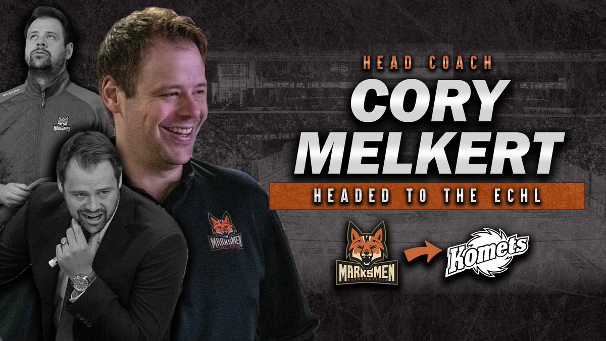Marksmen_Hockey's tweet photo. Help us congratulate our head coach Cory Melkert on the next step in his career with the @FWKomets.  Cory will join the Komets as an assistant coach under former Marksmen head coach Jesse Kallechy.

Read more at https://t.co/pMH9ReyHaK

#FearTheFox🦊 https://t.co/aD50BVSGaO
