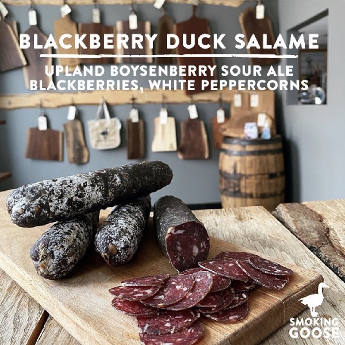 Try our Blackberry Duck Salame from <a href="/SmokingGoose/">Smoking Goose</a> today! This has a touch of pork for texture, <a href="/UplandBrewCo/">Upland Brewing Co.</a> Boysenberry Sour Ale, plus blackberries, white peppercorns, cinnamon, and lemon peel. Available for a limited time only!

• item code #89310 - 6 oz each