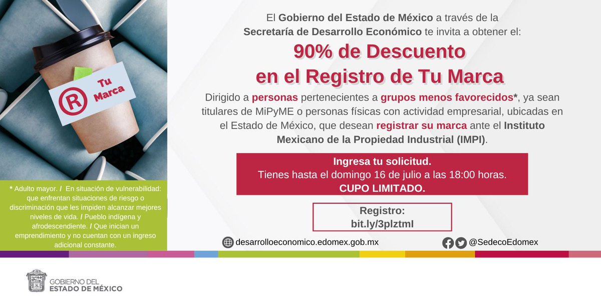 CampoEdomex's tweet photo. ¿Quieres proteger tu marca y ahorrar dinero al mismo tiempo? El #IMPI otorga el 90% de descuento para el registro de marca a las personas menos favorecidas del #Edoméx. Tienes hasta el 16 de julio, consulta todos los detalles y registra tu solicitud: https://t.co/ltTDmVxkBD https://t.co/IDeTcXs1ut