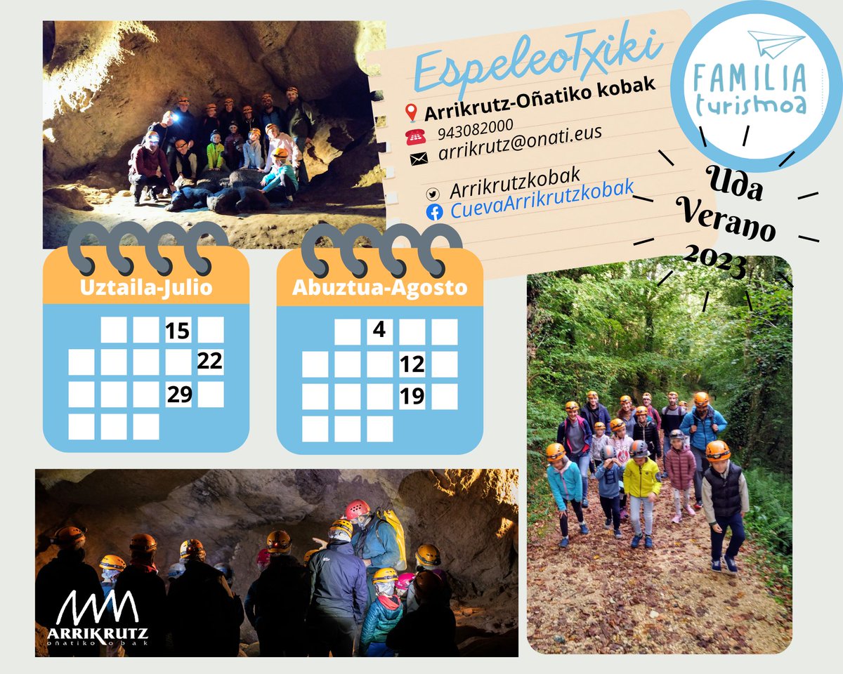 🤩 ¡La aventura que buscabas para este #verano2023! #EspeleoTxiki en <a href="/ArrikrutzKobak/">Cueva Arrikrutz - Oñati Kobak</a> .  Explorar el curioso mundo de las #cuevas como auténtico espeleólogo. #diversión y #aventura para toda la #familia.🤠
+INFO 👉labur.eus/Espeleotxiki
🗓️ labur.eus/ReservaEspeleo…
<a href="/Hagoos_FF/">hagoos</a>