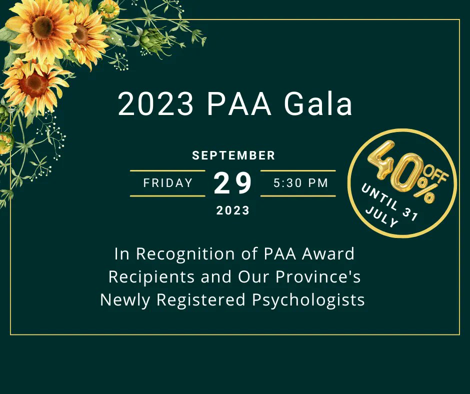 PAAlberta's tweet photo. Now available! 2023 PAA Gala tickets. Get yours early for 40% off - July only. Join us to celebrate this year’s newly registered psychologists and #award winners, 29 Sept in Edmonton. Don't miss this celebration of Alberta #psychology.
#ValuePsych
https://t.co/tftT717cSR https://t.co/tvXcOWjgZB